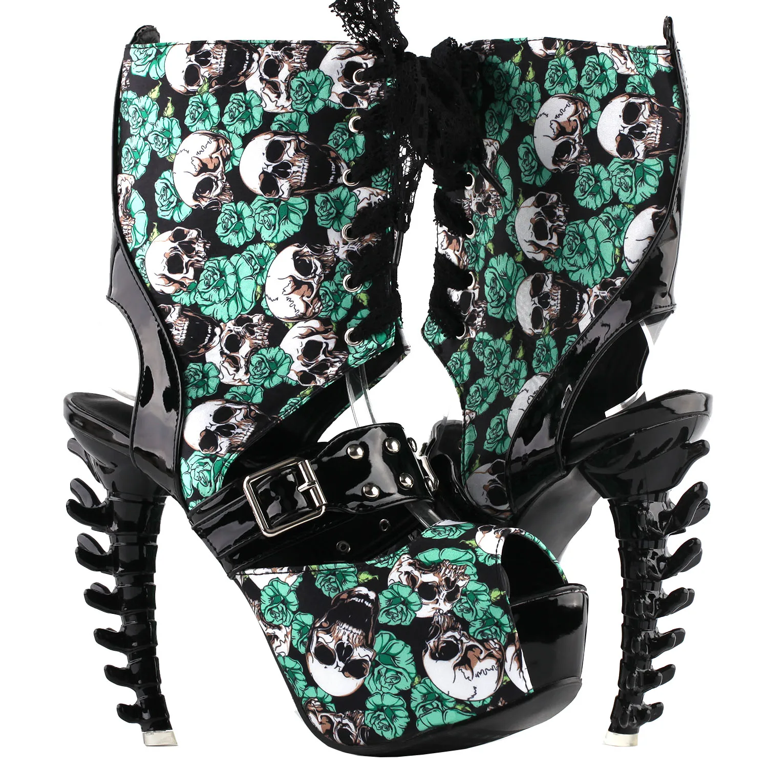 LF80663 SHOW STORY Punk Skull Rose Print Stud Buckle Lace-UpPlatform Bone Heel Club Ankle Bootie Sandals