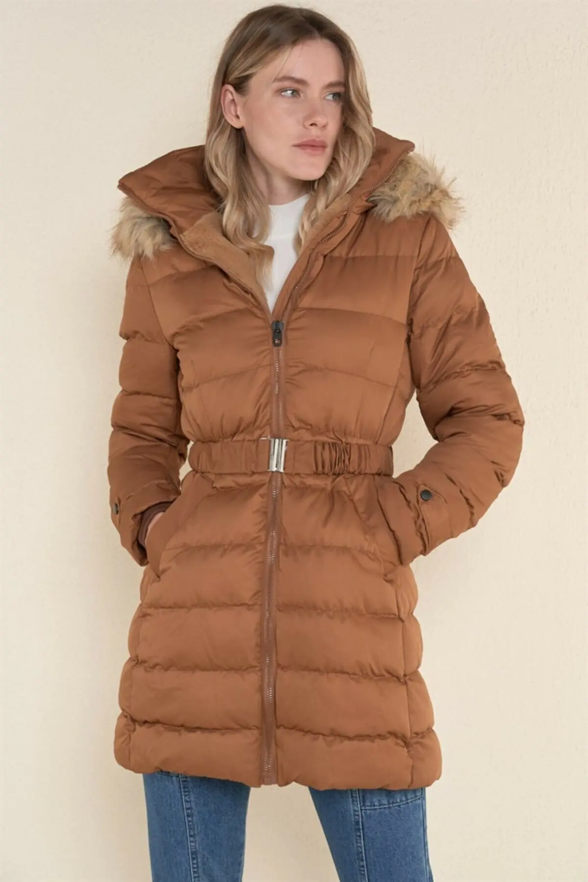 Women's Orange Hooded Down Coat Padded Fur Soft Inflatable Jackets New Street Fashion Warm Clothes Winter Coats