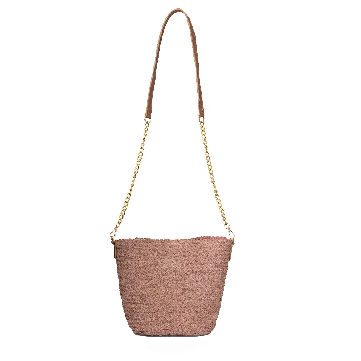 Bolso de paja con correa de cadena para mujer, bolsa de cubo con detalle de rosa, bolso de moda elegante, cesta bohemia de ratán, hecho a mano