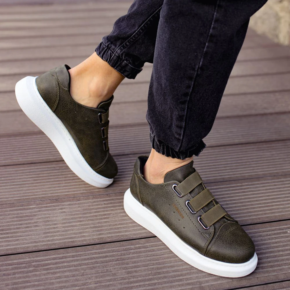 Chekich Damesschoenen & Herenschoenen Kakigroene Kleur Kunstleer Herfst en Lente Seizoenen Elastische Sluiting Instapper Comfortabele Sneakers Unisex Naaien Witte Zool Lichtgewicht Universiteit Hoge kwaliteit CH253 V4