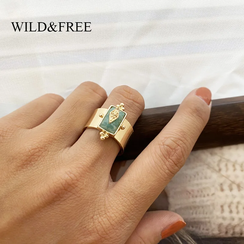 Wild & Free Stainless Steel Three Colors Wide Rings For Women Natural Stone Finger Ring Vintage Jewelry Best Gift for Friends