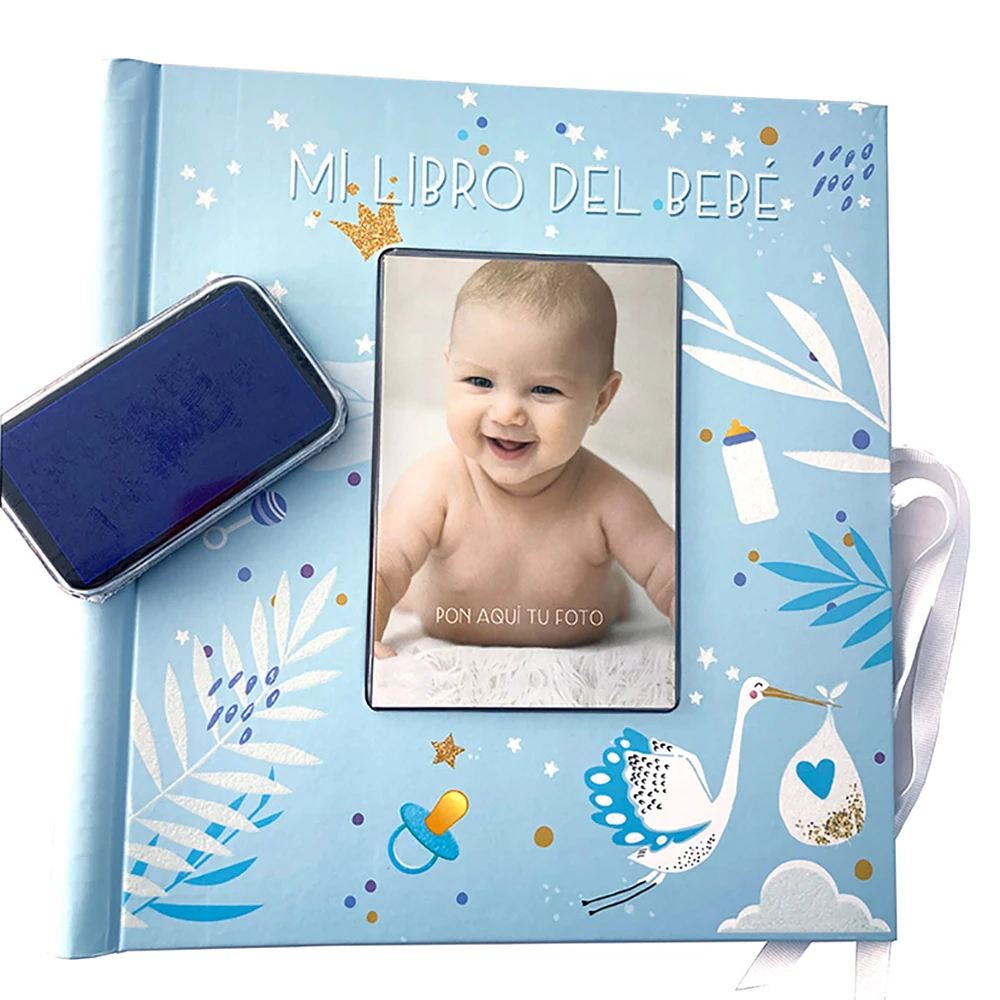 My baby book Mod. Child with cover holder and blue tampon | Size 29x28 cm | Book souvenir with 44 full color pages to write, paste photographs, stamp foot and hand prints | Arguval