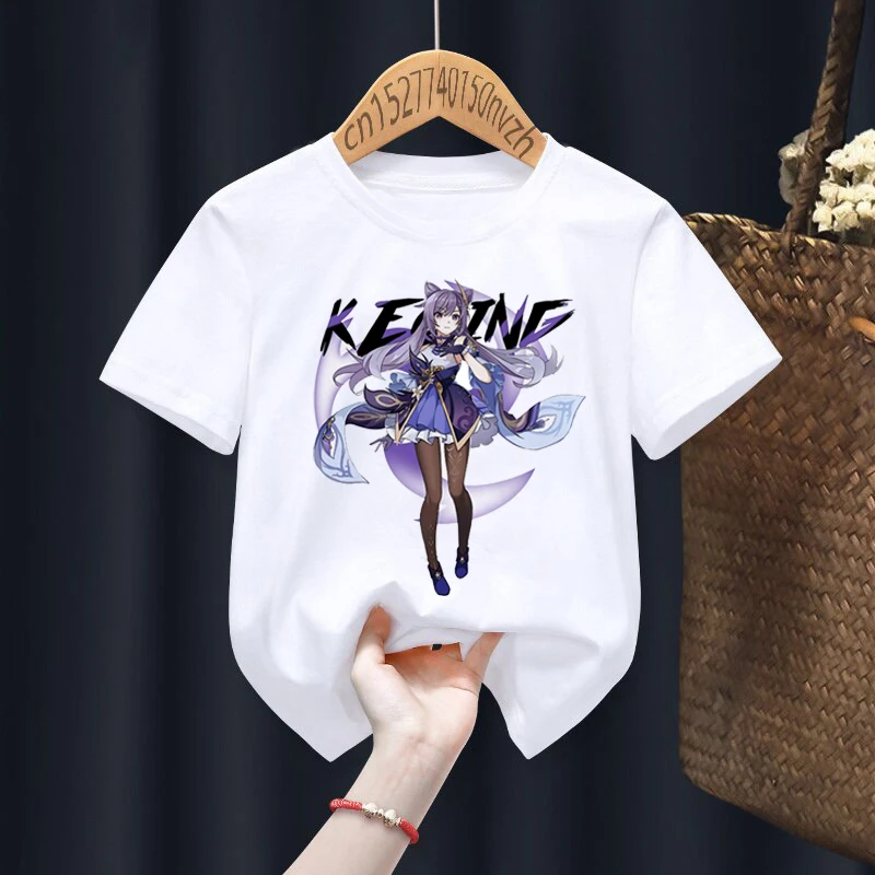 Keqing - Genshin Impact Print Red Kid T-shirts Children Baby Black Harajuku Kawaii Clothes Boy Girl Tops Gift Present ,Drop Ship