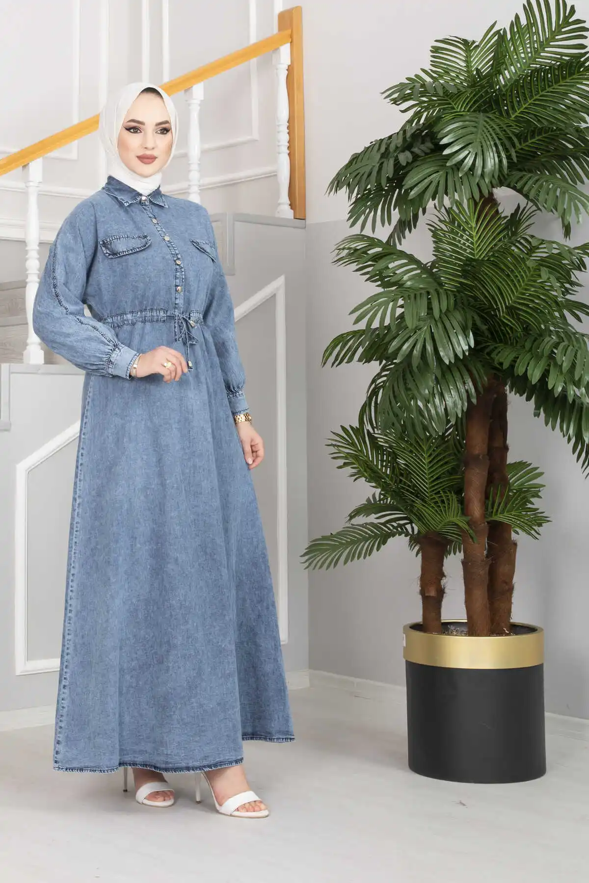 Women Tunnel Belt Denim Dress Ramadan Eid İslamic Maxi Long Khimar English Worship Moroccan Hijab Abaya Outfit Solid Jilbab Dubaİ