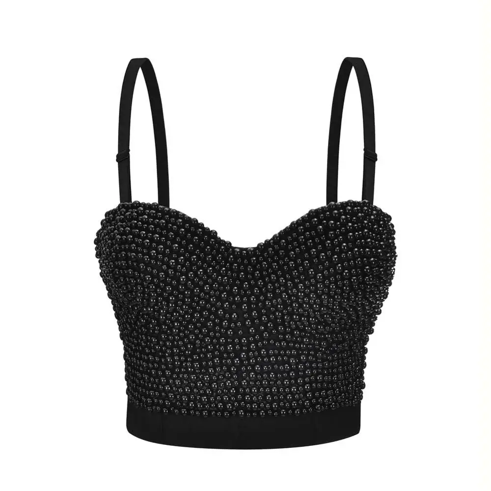 Black Plus Size Women Everyday Bra With Beading Decoration Push Up Sexy Bras Stage Wear Night Club Crop Bras Tops For Ladies