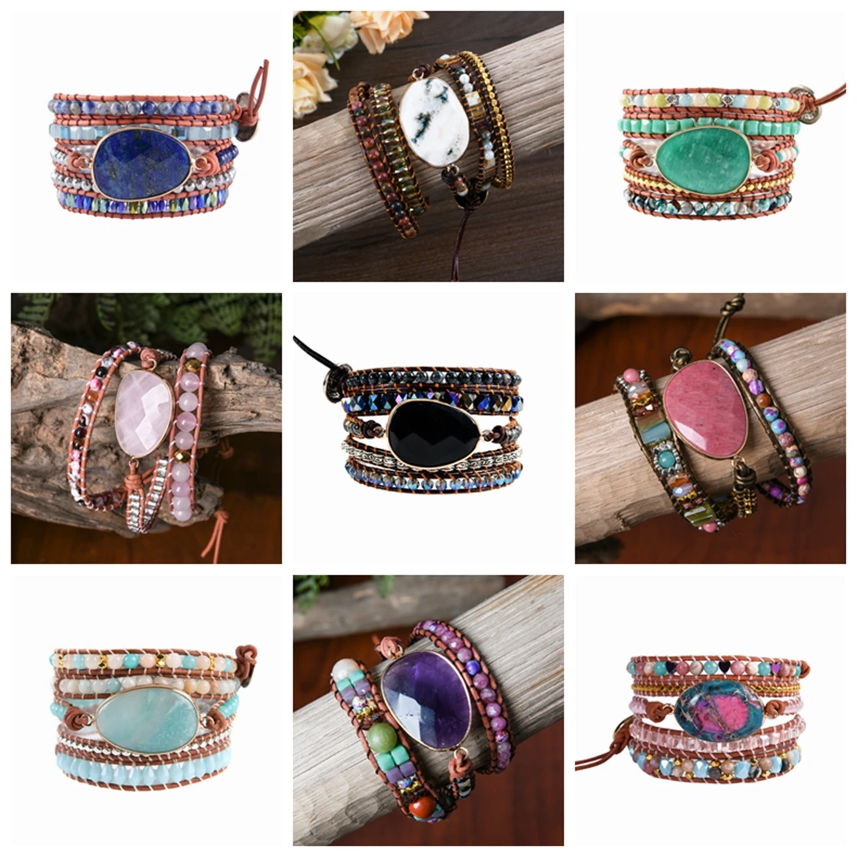 Unique Mix Strands Leather Bracelet Multicolor Natural Stone Woven Wrap Bracelets Bohemian Bracelet Drops Hipping