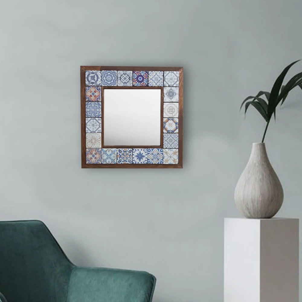 Handmade Wall Mirror Decorative Natural Stone Wooden Framed Art Decor Vintage Mosaic Printed Tile Square Gift Hang 33cmx33cm