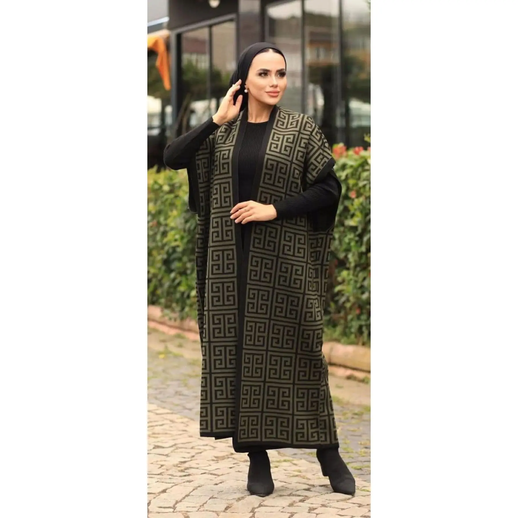 Robe maxi brodée et cardigan à manches chauve-souris pour femme, ensemble 2 pièces, motif labyrinthe, tricots, Turquie, 2021