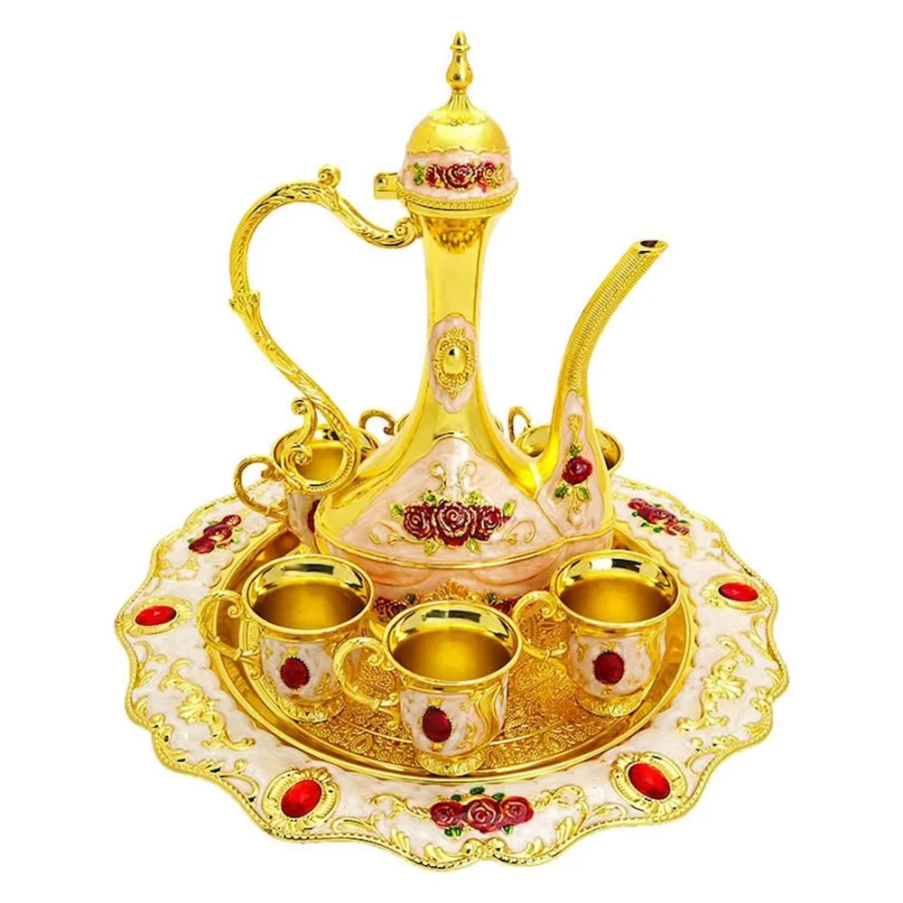 

Large Zemzem Set with Enamel Gold glass set used in zamzam or sherbet treats Jug set wedding, dowry, Hajj - Umrah Gift Ewer