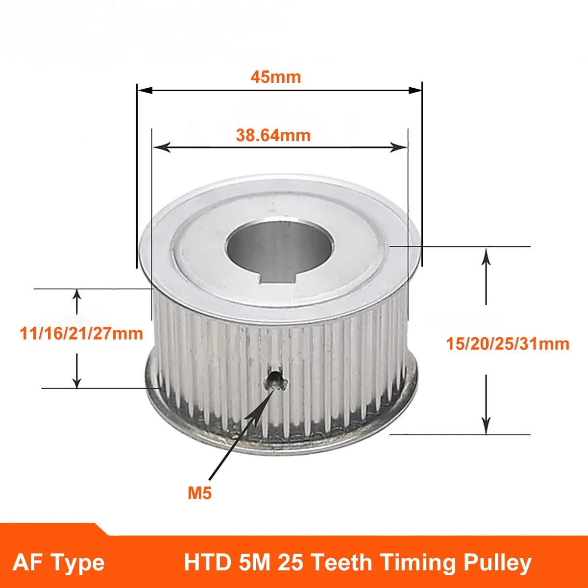 

HTD 5M 25 Teeth Timing Pulley Synchronus Wheel AF Keyway Bore Aluminium Idler Pulley Tooth Width 11 16 21 27mm