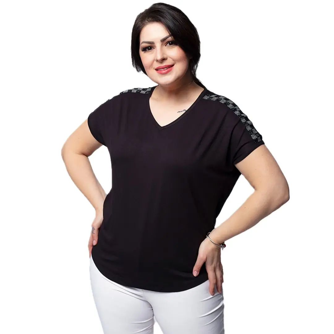 

Women’s Plus Size V Neck And Square Diamond Shoulder Black Blouse, Designed and Made in Turkey, New Arrival