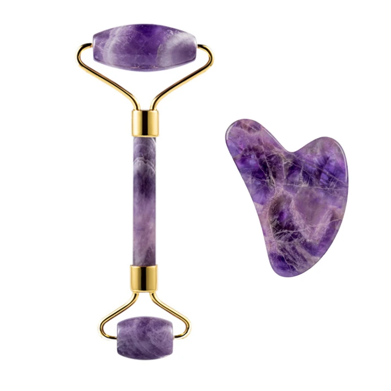 

Amethyst Massager Natural Stone Facial Roller Gua Sha Tools Set SPA Acupuncture Scraping Crystal Body Face Health Care Massage