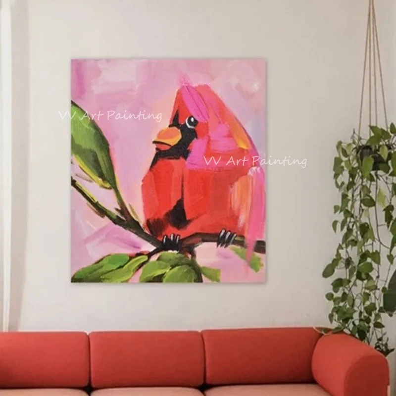 Pure Handpainted Red Cardinal Knife Oil Painting, Thick Texture Bird On Branch Wall Art For Apartment & Cottage Wall Decor