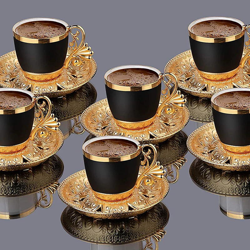 Turkish Greek Arabic Coffee Espresso Cups and Saucers Serving Set for 6 Person Black Cups Gold Silver Best Home Decor Kitchen