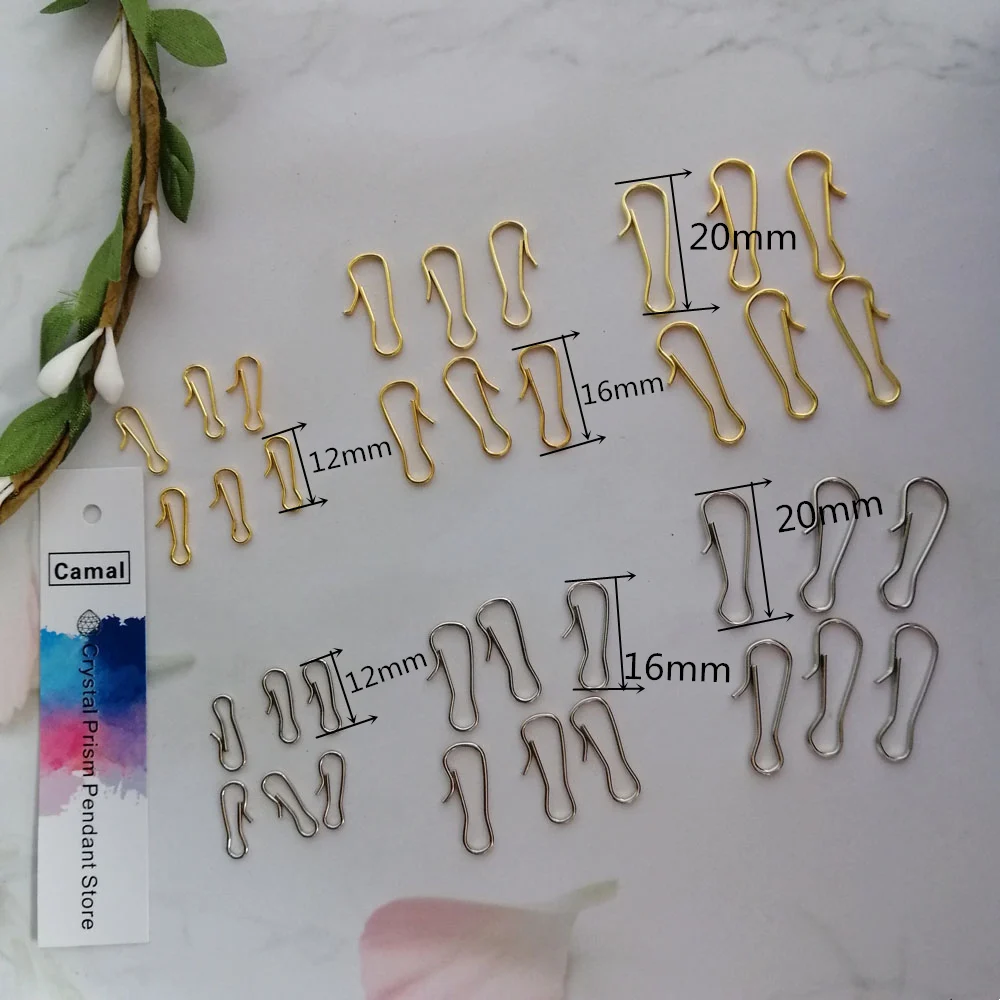 Camal 100pcs 12/16/20mm Metal Hook w/crook Crystal Chandelier Connector Pins Hanging Pendant Metal Buckle Garden Suncatcher Part