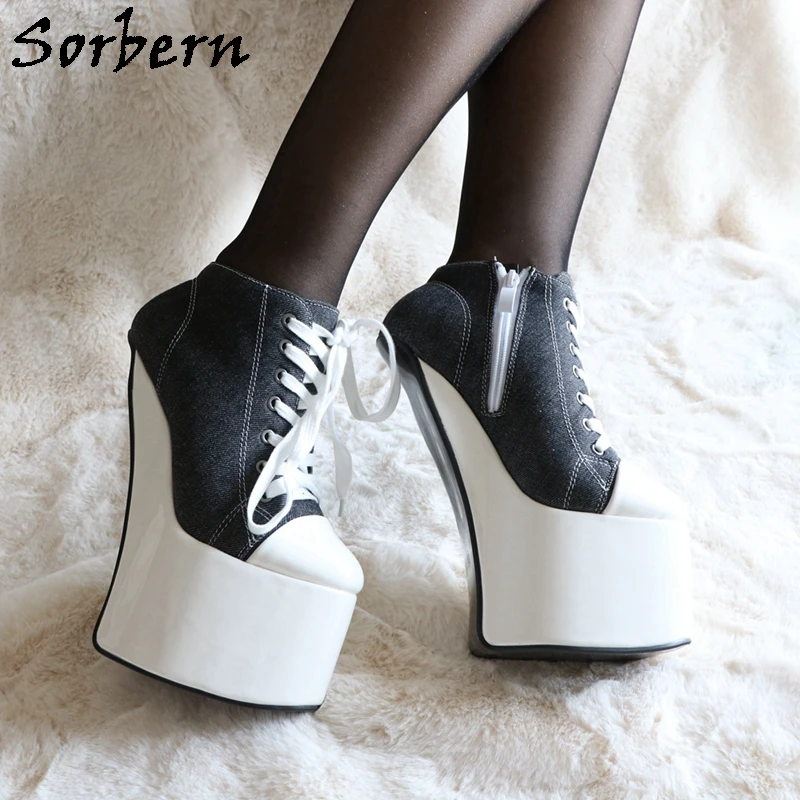 Sorbern Black Xdresser Canvas Pump Shoe Heelless Thick Platform Shoe Ankle High Fetish High Heel Black And White Drag Queen Shoe