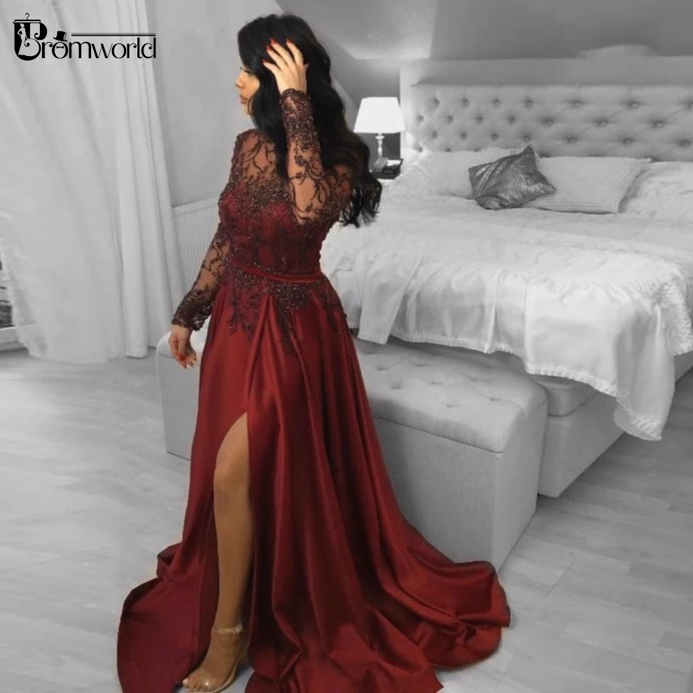 Dark Red Plus Size Evening Dress vestidos de fiesta Illusion Beading Lace Leg Slit Formal Evening Gowns Long Sleeve Prom Dresses