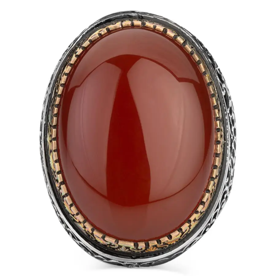 Large Silver Mens Ring with Burgundy Agate Stone Fashion Turkish Premium Quality Handmade Jawelery