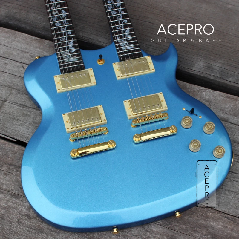 Acepro Double Neck Electric Guitar, Metallic Blue Basswood Body Carved Top, Abalone Custom Stem Inlays, Gold Hardware Guitarra