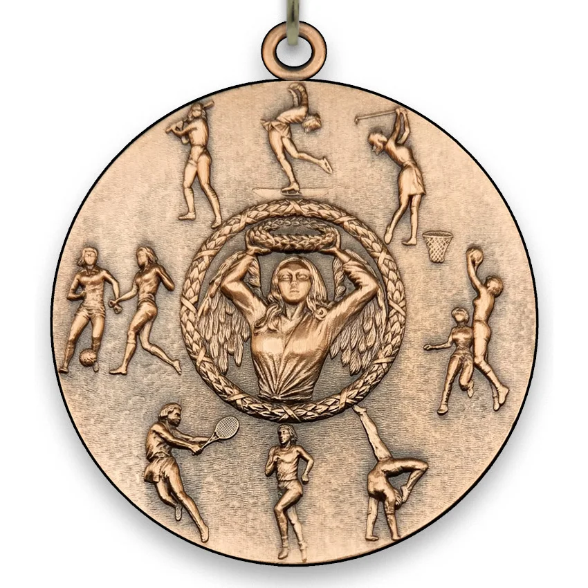 Large Metal All Sports Medal - Female - Bronze - 6,4 cm - with Neck Ribbon size 2,2cm x 80 cm - Choice of Ribbon Colours.