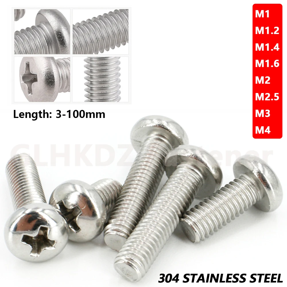 

M1.2 M1.4 M1.6 M2 M2.5 M3 M4 Round Pan Head Machine Screw Phillips Drive Bolt 3-100mm Coarse Thread A2 304 Stainless Steel GB818