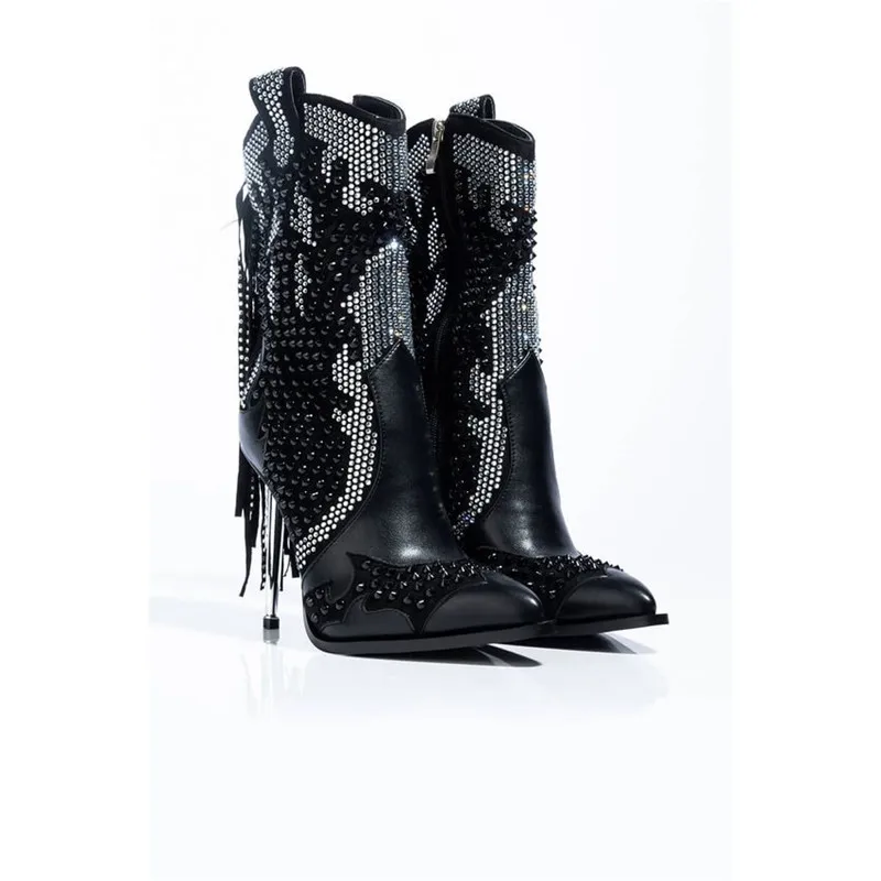 حذاء برقبة نسائي بشراشيب كريستالي ، حذاء بمقدمة قوطية مدببة ، كعب عالي معدني ، أسود منزلق ، موضة السيدات ، الشتاء ، #4