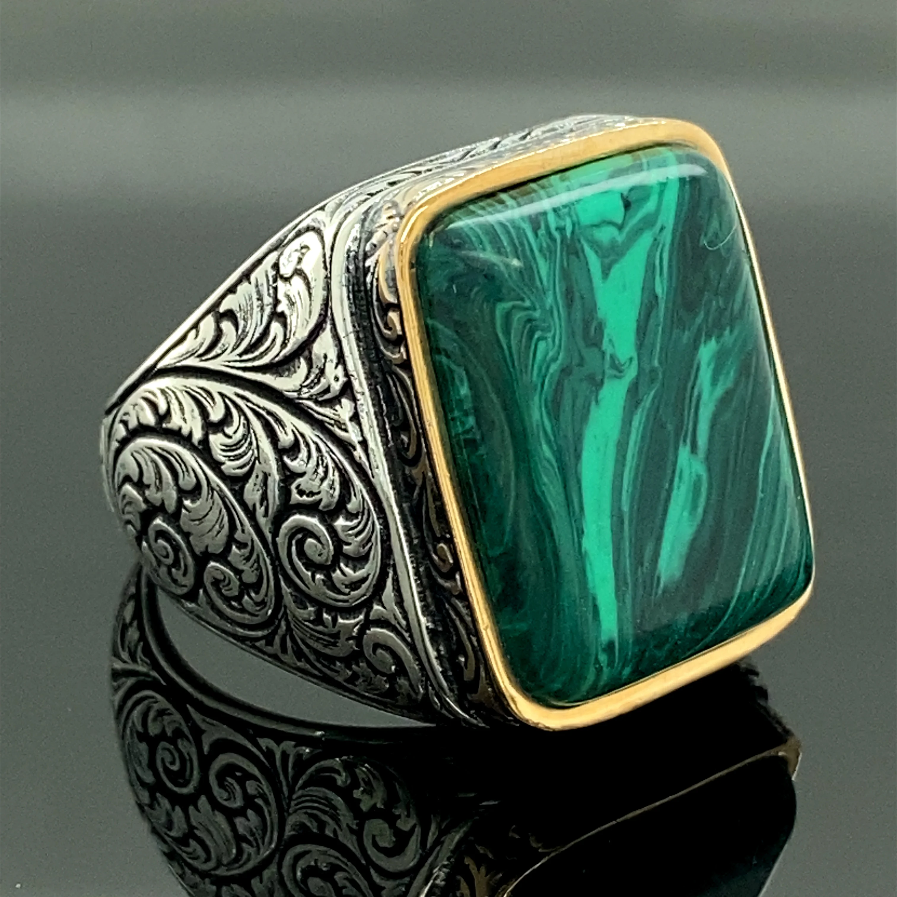 

Malachite Gemstone Ring , Men Handmade Ring , Turkısh Handmade Ring , Embroidered Ring , Ottoman Jewelry , 925k Sterling Silver