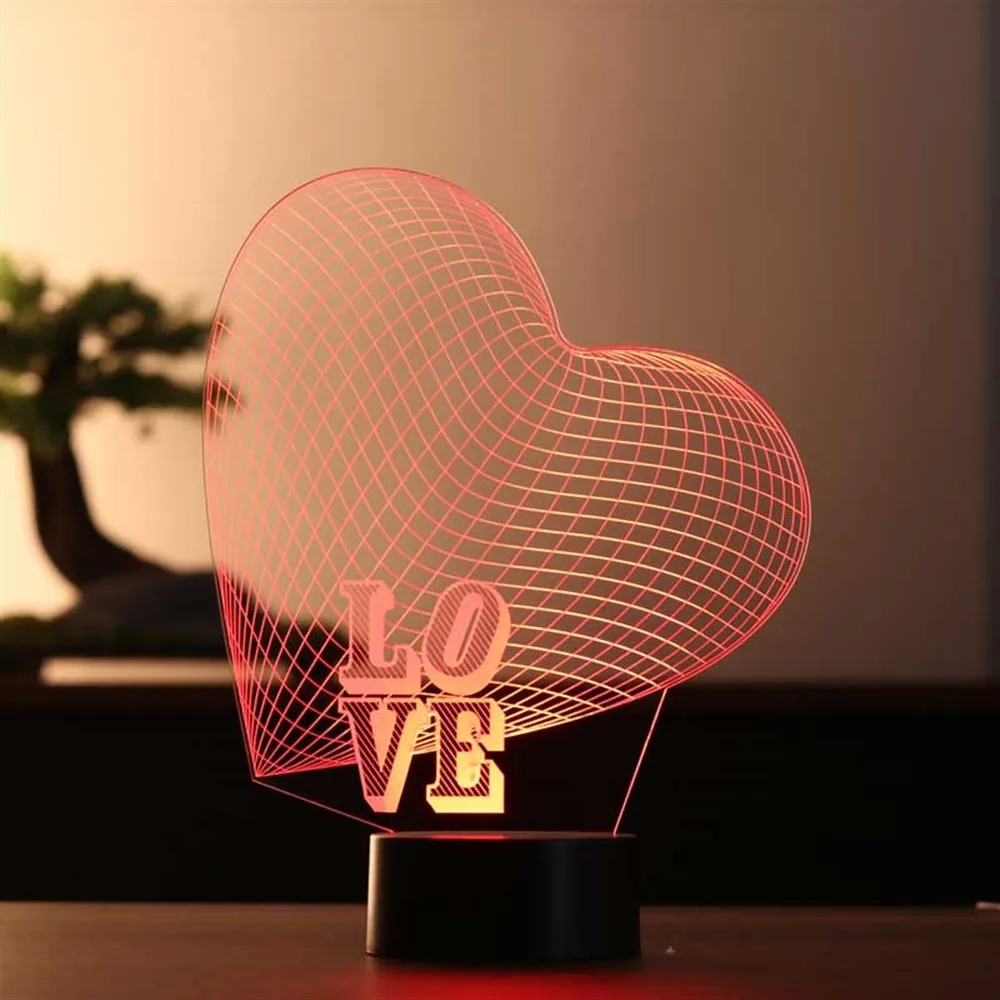 3D Illusion Big Heart Led Night Light 7 Different Color USB and Touch Button Control Valentine's Day Gift Design