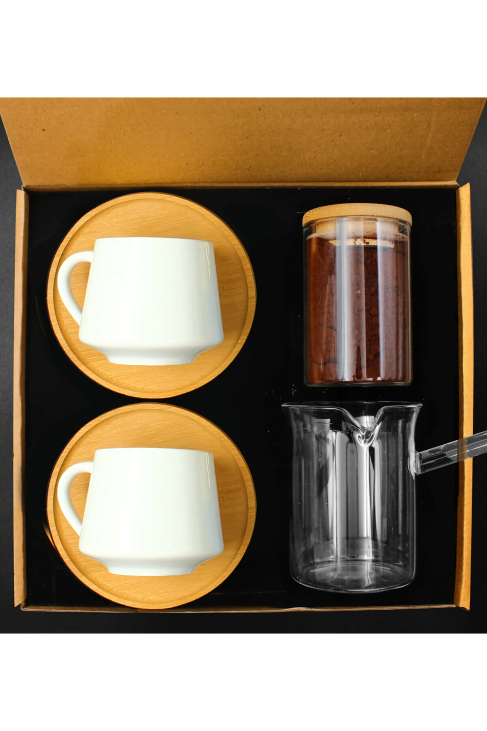 Turkish Coffee Cup Set, Apollon Gift Bice Bamboo Porcelain Turkish Cup Set & Glass Coffee Set with Glass Coffee & Jar