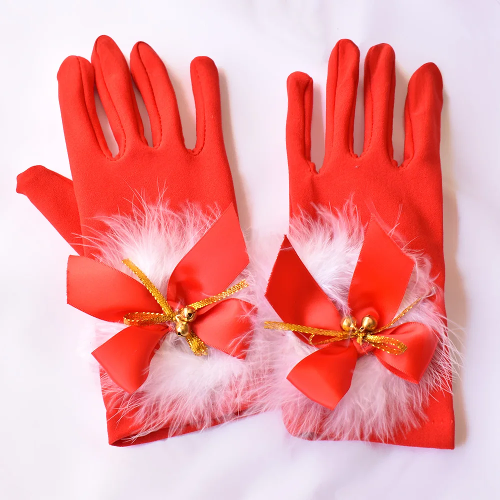 Gants courts rouges en Spandex à la mode pour femmes, mitaines de fête de noël avec clochettes, Costume de bal de fin d'année