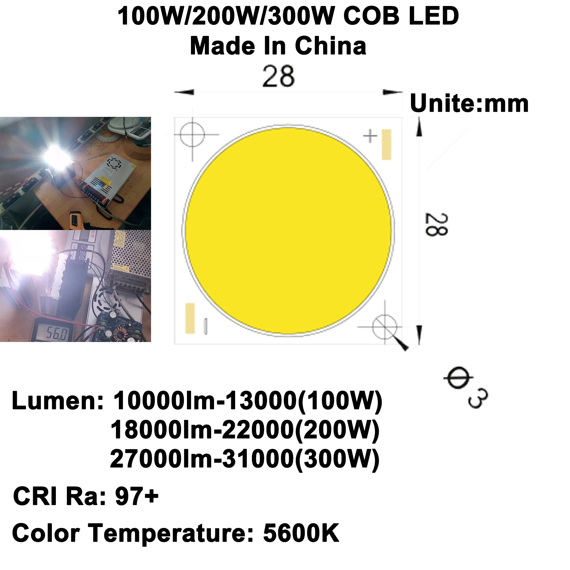Wysoki CRI Ra 95-97 100W 200W 300W 28mm COB LED Ultra Bright Daylight White 5600K do majsterkowania Latarka Projektor kina domowego