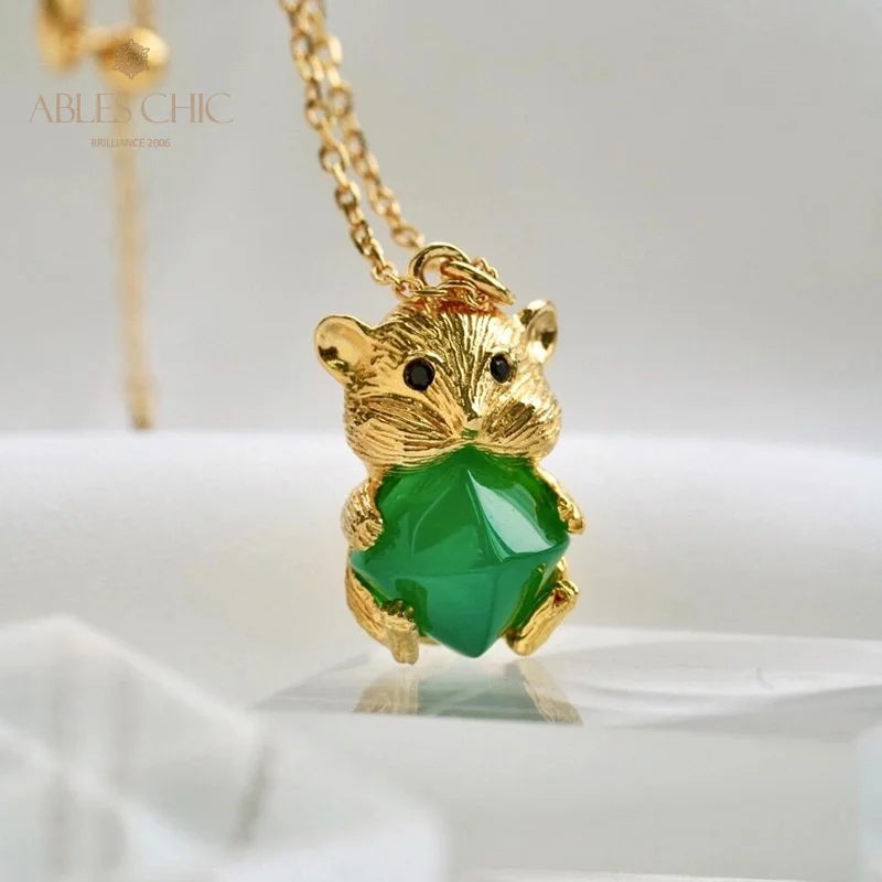 

Ables Chic 18K Gold Tone Solid 925 Silver Natural Green Chalcedony Pendant Gemstone Accent Lovely Bear Necklace C11N3S25798
