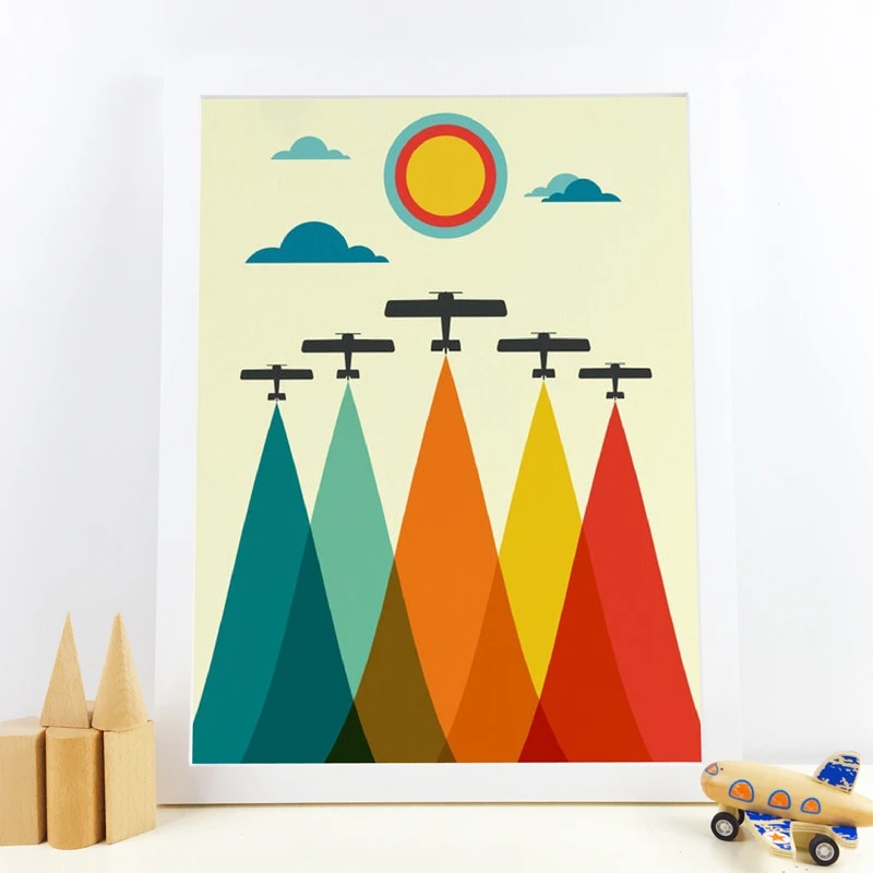 Vintage Airplanes Print Mid Century Style Boys Gift Colourful Rainbow Travel Planes Poster Canvas Painting Kids Room Wall Decor