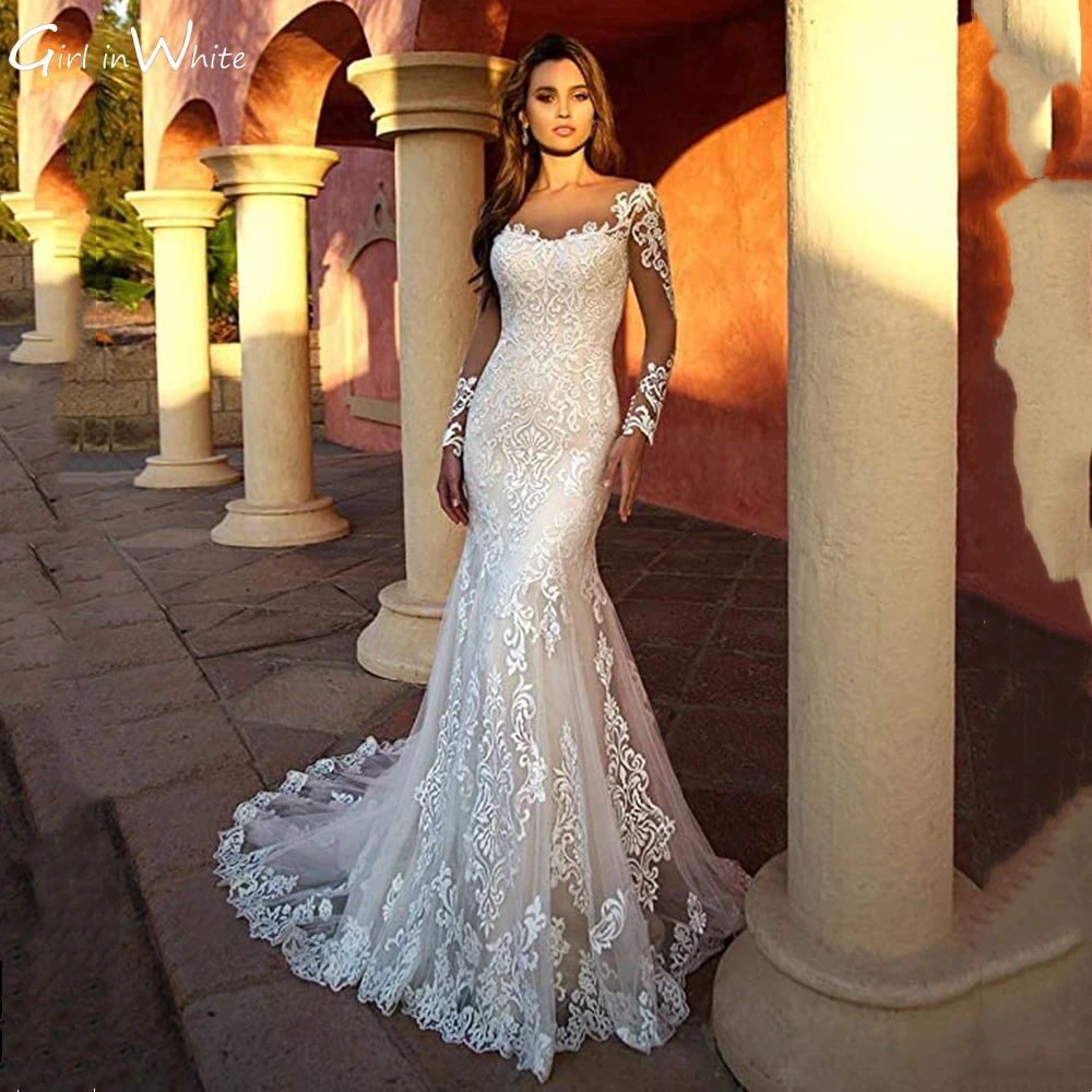 

Elegant Long Sleeve Mermaid Wedding Dress Customized Backless Bride Dresses Lace Appliques Bridal Gowns Vestidos De Novia