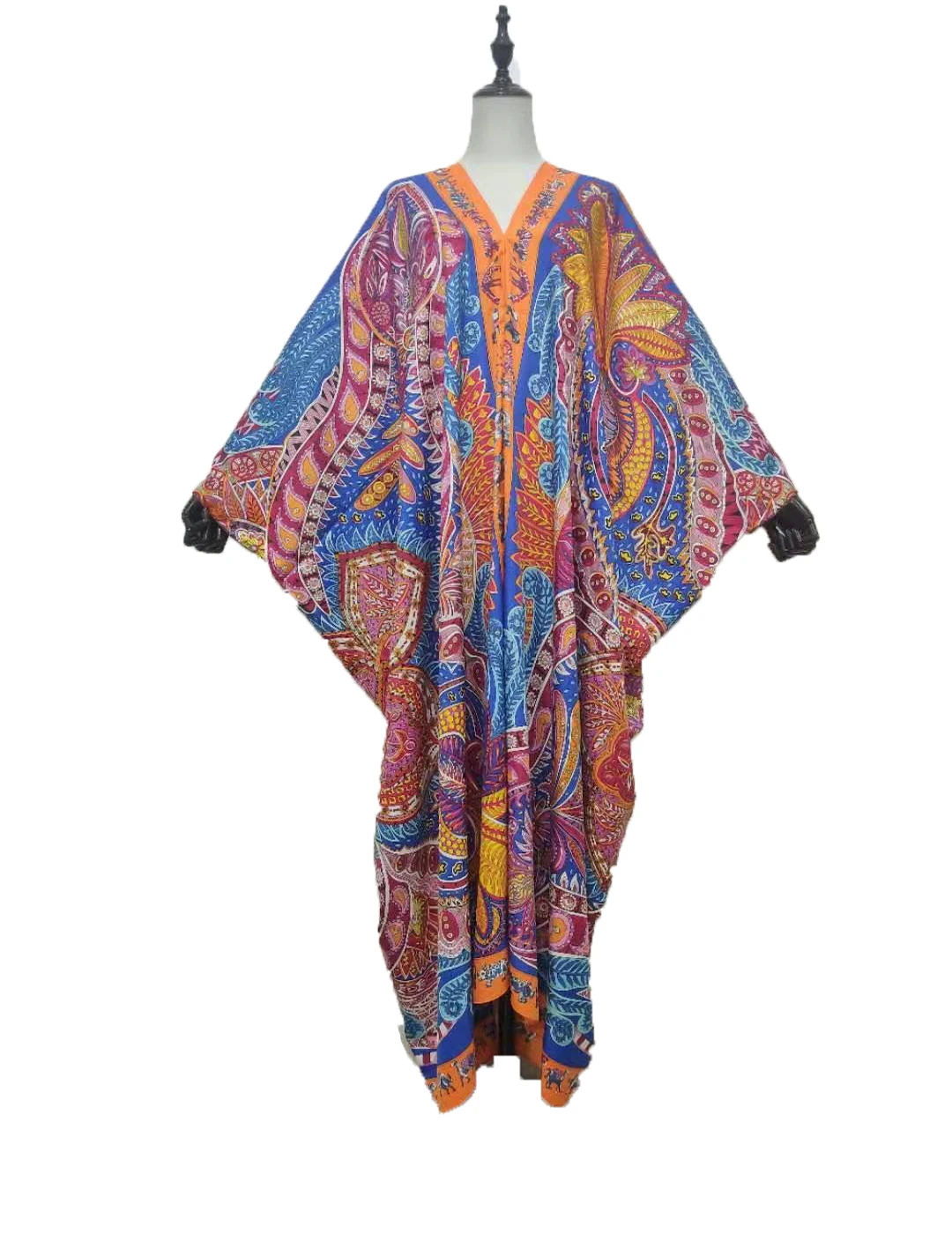 Kuwait Fashion Bloggers Recommend Twill Silk V-Neck Boho Kaftan Maxi Dress Casual Party  Full Length Printed Caftan Clothing