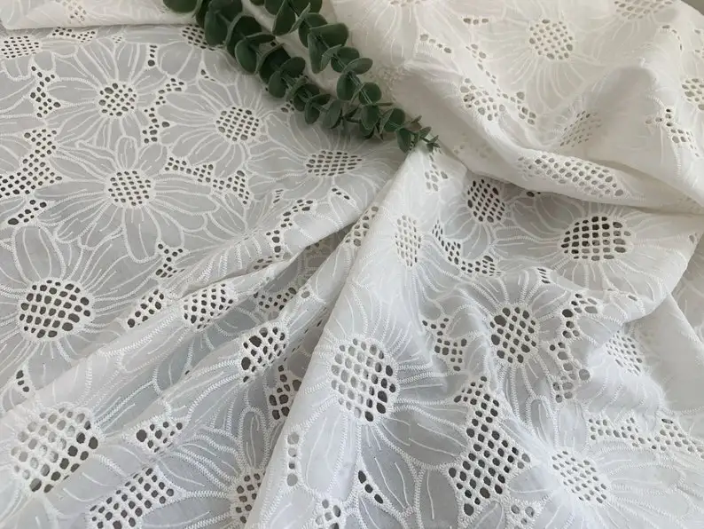 Off White Cotton Eyelet Lace Fabric With Sunflower Cotton Lace Fabric With Florals For Curtain Home Decors