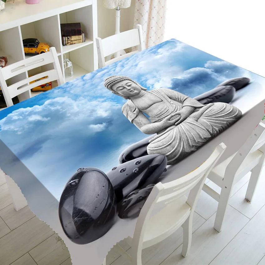 Ancient Buddha Status with Blue Sky Clouds Tablecloth Tablecover Waterproof Table Cloth TV Cover Asia Buddhism Sakyamuni Decor