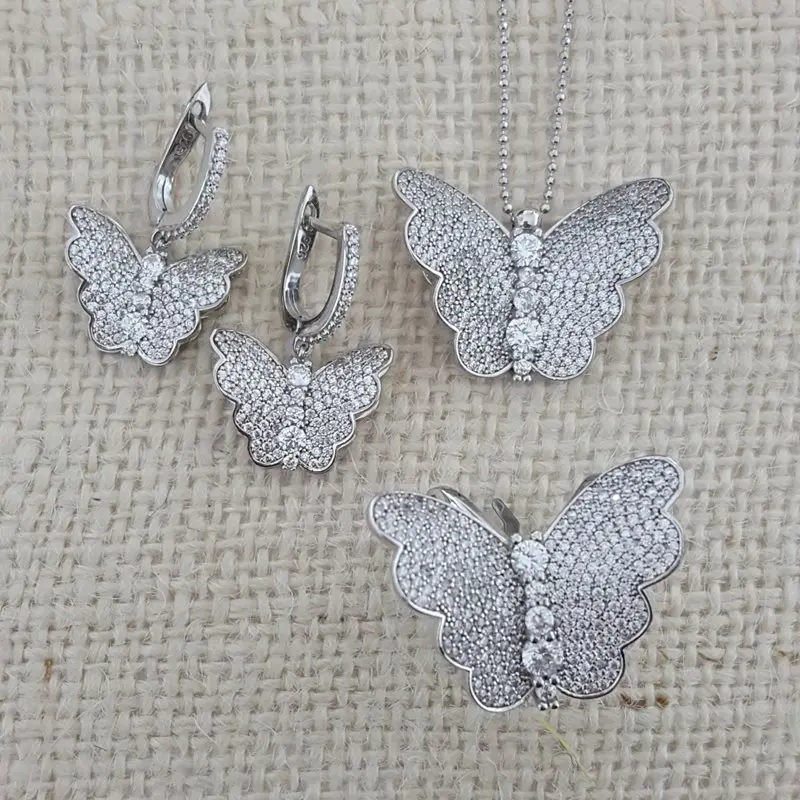 Silver Set 925 Silver Art Deco Butterfly Ring Earing Necklace Set