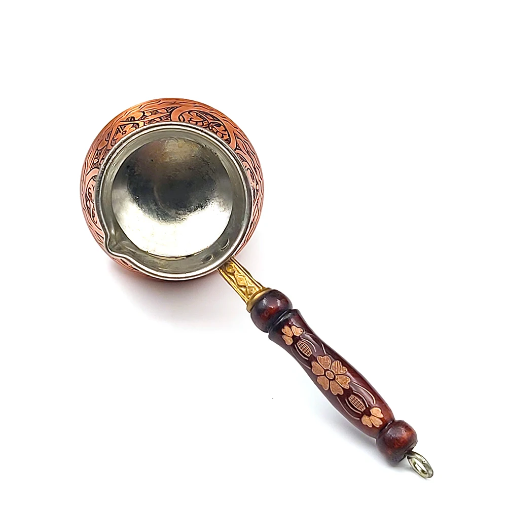 13.50 Oz Medium Coffee Pot - Coffee Maker with Embroidered Wooden Handle 4 People Handmade Cezve Ibrik Brik (Copper)