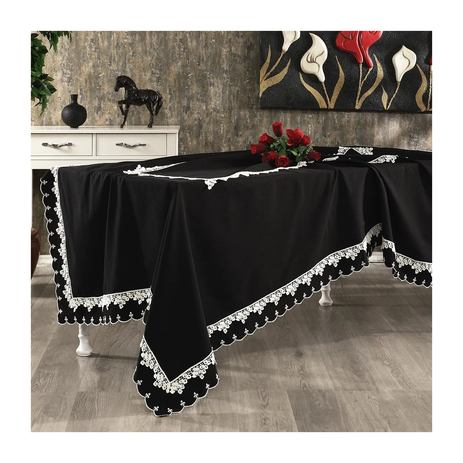 Romantic Lace and Embroidered Table Cloth (160 x 260CM) Embroidered Table Cloth made of 100% carefree linen fabric FAST SHIPPING