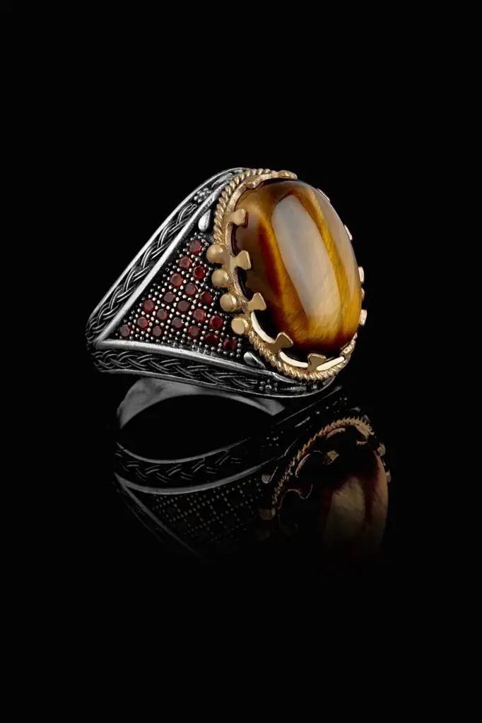 Real Pure 925 Sterling silver ring real  tiger eye stone hand made made in turkey luxury and trendy model vintage style new