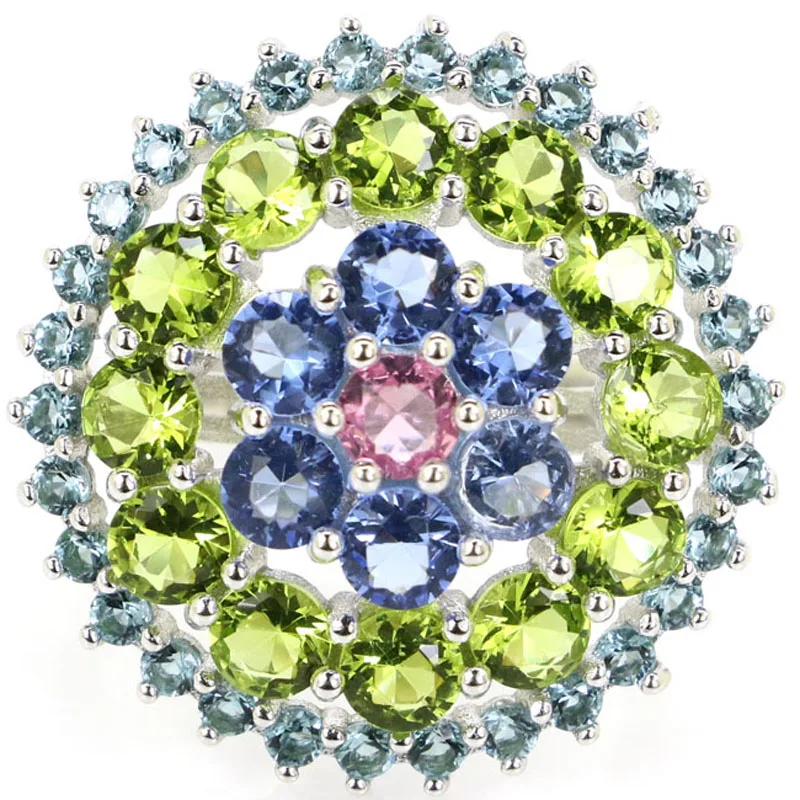 Buy 3 Get 1 Free 25x25mm 5.0g Round Violet Tanzanite London Blue Topaz Peridot 100% Real 925 Solid Sterling Silver Rings