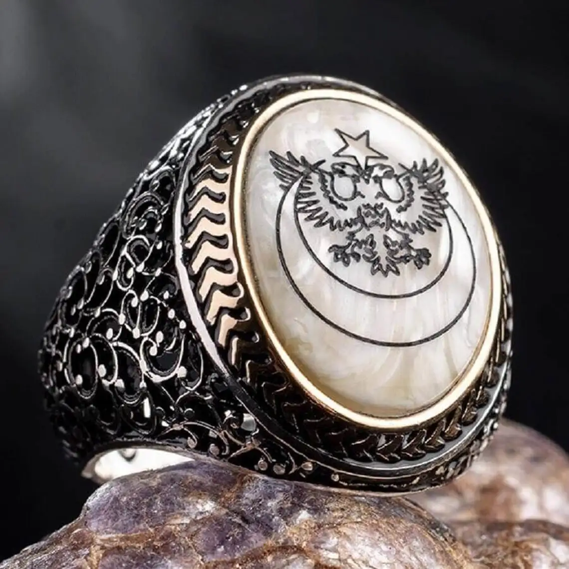 

Elegant Design 925 Sterling Silver Great Seljuk Empire On Mother Of Pearl Men's Ring Biker Jewelery Accesory Gift For Him