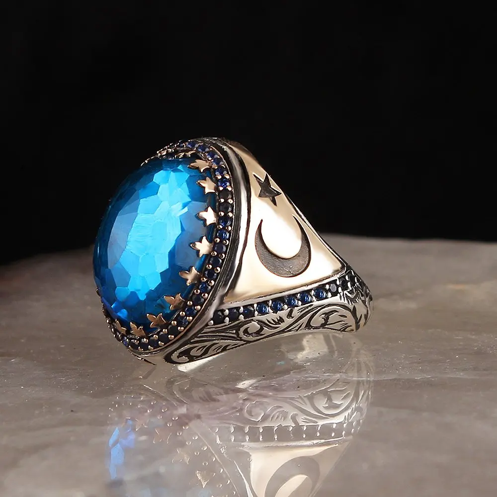 Crescent Aqua Blue Cubic Zirconia 925 Sterling Mens Silver Ring