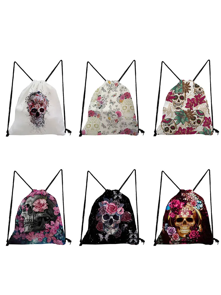 New Cool Drawstring Bags Skull Rose Print Softback Bag Halloween Gift Candy Bags Fashion Storage Bag Unisex Waterproof Shoes Bag