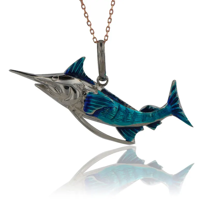 Swordfish Necklace 925 Sterling Silver Sea Animal Ocean Charm Bridesmade Nautical Gift Blue Merlin