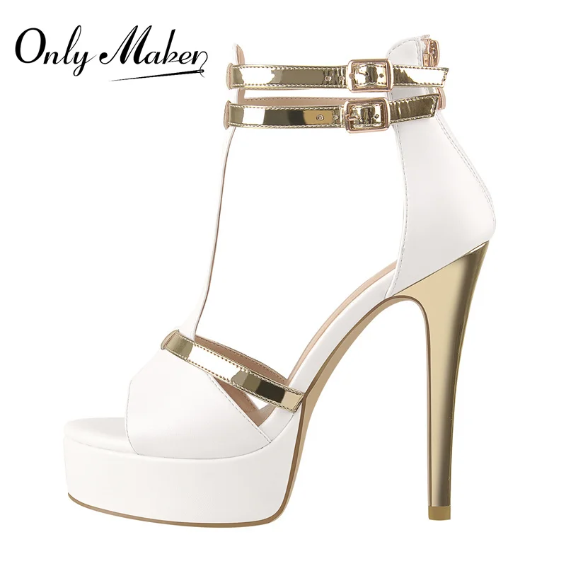 Onlymaker Summer Thin High Heel Platform Sandals Women Open Toe Metal Buckles Matte White Gold Narrow Strap Wedding Party Shoes