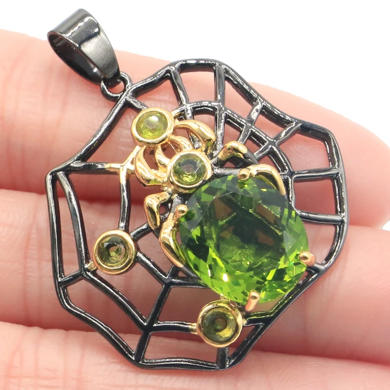 

47x33mm Unique Handmade 13.5g Pendant Spider For Men Created Green Peridot Black Gold Silver Pendant Earrings Jewelry Set Hiphop