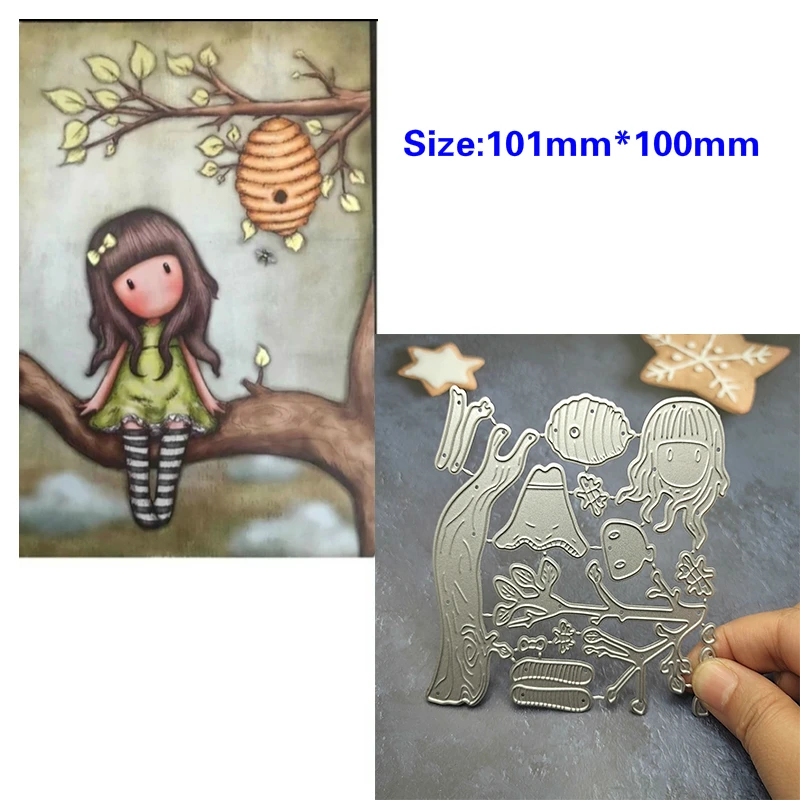 2022 New Arrival Cute Girl on the Tree With Honeycomb Metal Cutting Dies for DIY Scrapbooking the Fall Stencils Card Making