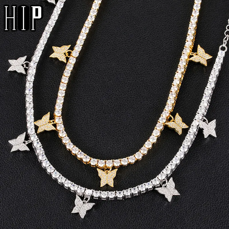 Hip Hop Adjustable 32cm+15cm Tennis Chain With butterfly Pendant 4mm 1 Row CZ Cubic Zirconia Stones Necklace For Men Jewelry